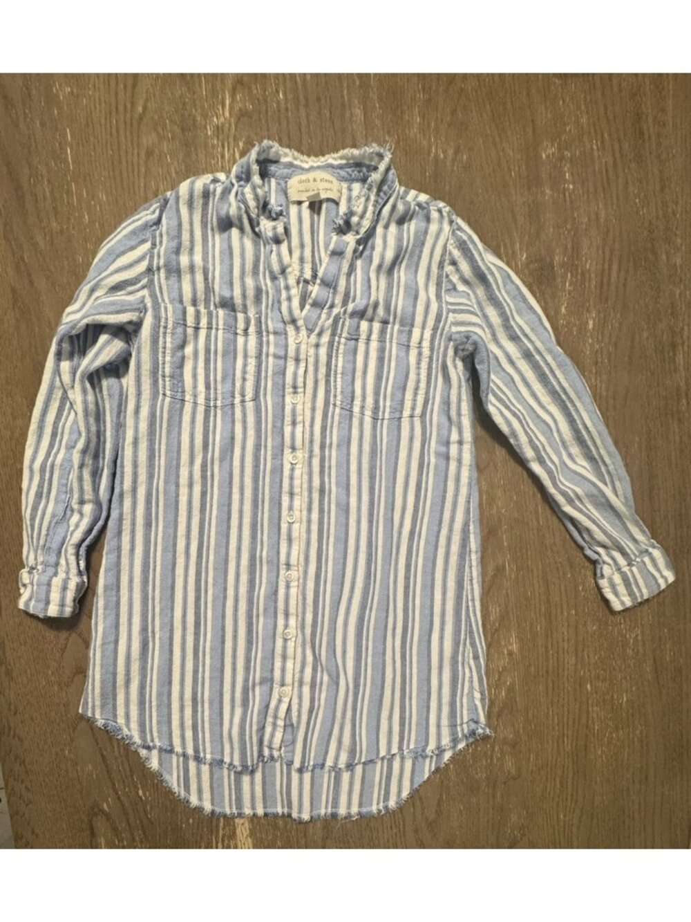 cloth & Stone Anthropologie Blue White Stripe Button Tunic Raw Hem Linen Shirt